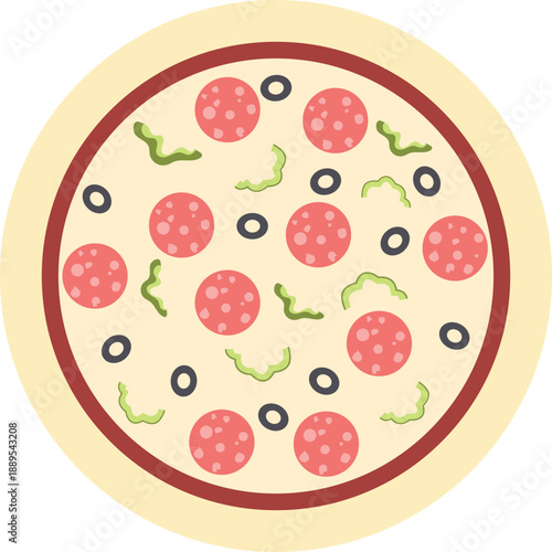 Pizza. Pepperoni pizza with olive and bell peppers. Delicious Italian pizza with mozzarella vector illustration. Isolated on white background. Vector cartoon illustration.