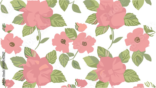 Seamless pink rose floral pattern vector with soft green leaves for romantic fabric, wallpaper, and background design