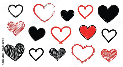 An assortment of hearts in varying styles and colors including outlines solid shapes and scribbles are displayed