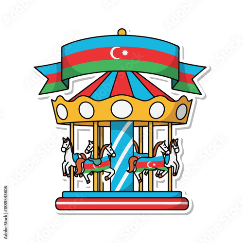 A colorful carousel with horses and Azerbaijani flag