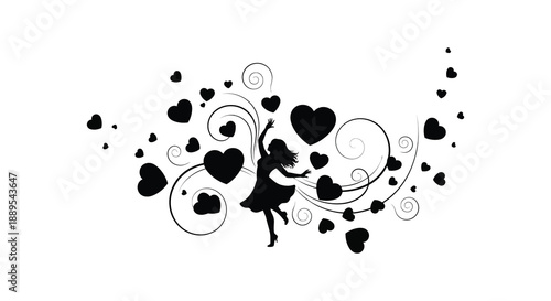 A graceful silhouette of a woman dances amidst swirling shapes and a cascade of heart motifs creating an artistic scene