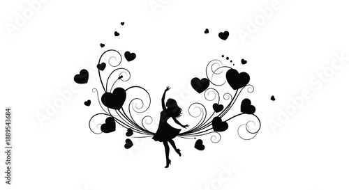 A silhouetted woman joyfully dances amidst a whimsical arrangement of swirling vines and scattered heart shapes high quality