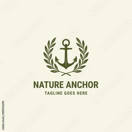 Anchor logo template with circular leaf icons on both sides.