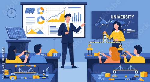 A male professor teaching a class of university students in a lecture hall.