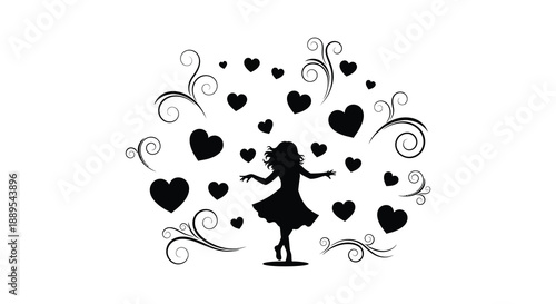 A silhouette of a girl playfully dancing amidst a swirling cascade of numerous black heart shapes high quality