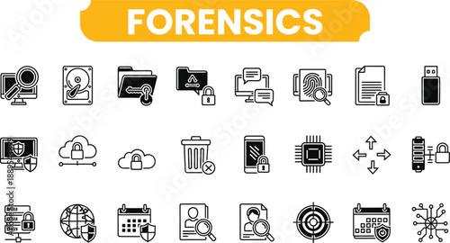 Forensic icon set crime scene investigation symbols and signs