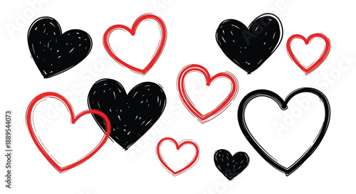 A collection of hand drawn hearts in red and black scattered across a white background symbolizing love and affection