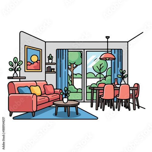 A cozy living room with dining area and large window