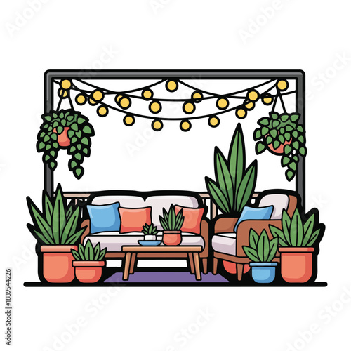 A cozy outdoor seating area with plants and lights