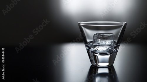 schnapps. A single cone-shaped glass with clear liquid and a melting ice cube on a dark surface. bar promotions, beverage menus, designed for food & beverage menus and cafe branding.