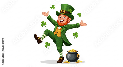 Leprechaun dancing with pot of gold and shamrocks on st patrick's day festive cartoon character