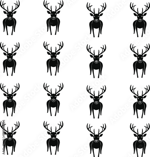 Set of black deer silhouettes with antlers in frontal view, wildlife animal icons, minimal forest vector illustration