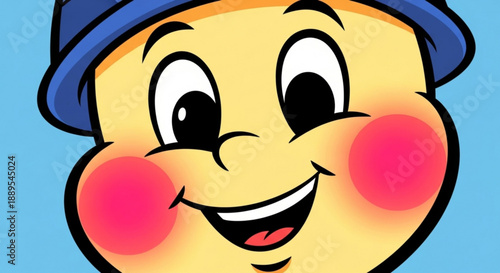 Cheerful cartoon character with rosy cheeks smiling and wearing a blue hat on a light blue background with a friendly expression and happy face