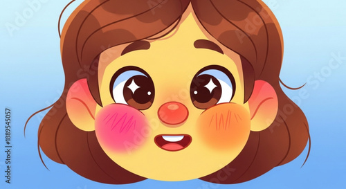 Cartoon girl face with smiling expression rosy cheeks and brown hair against blue background perfect for children's content