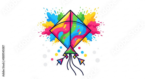 Vibrant kite illustration with colorful splatter effect and flowing tail on white background perfect for children's party or outdoor activity designs