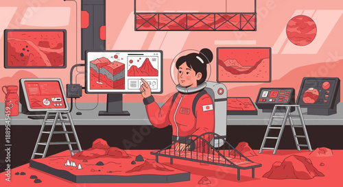 Female astronaut in a space suit exploring Mars.