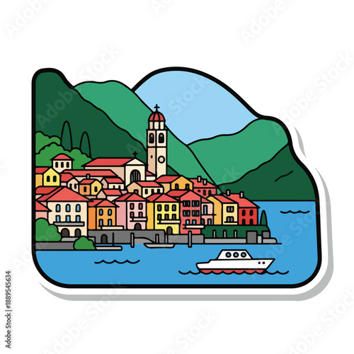 A colorful cartoon illustration of a serene lakeside town