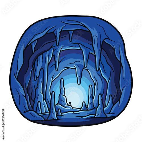 A dark blue cave with icicles and a glowing light
