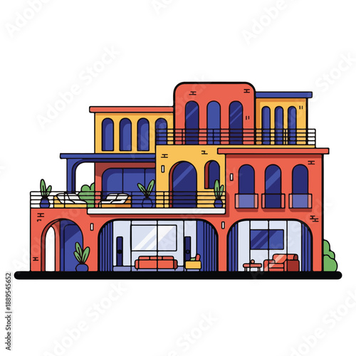 A colorful, multi-story building with balconies and arched windows