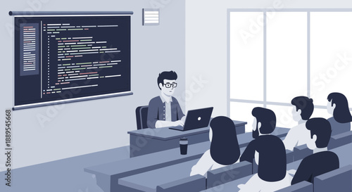 Instructor teaching coding to students in a classroom setting.