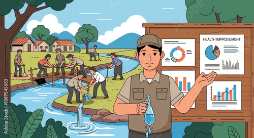 Male environmental scientist presenting water quality data.