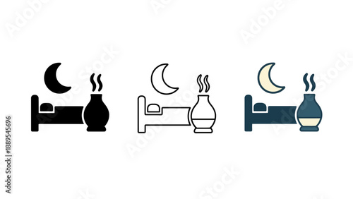 A set of icons depicting a peaceful night's sleep with a humidifier