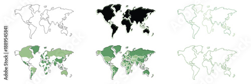 A collection of six world map variations, including outlines, solid fills, and shaded country representations in black and various shades of green, suitable for global data visualization.