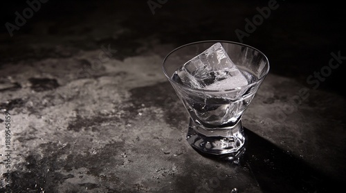 schnapps. A single cone-shaped glass with clear liquid and a melting ice cube on a dark surface. bar promotions, beverage menus, designed for food & beverage menus and cafe branding.