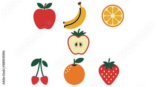 A colorful illustration of various fruits on a white background