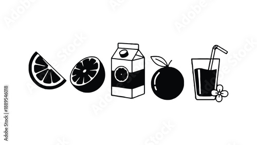 A colorful illustration of various orange juice products and ingredients on a white background