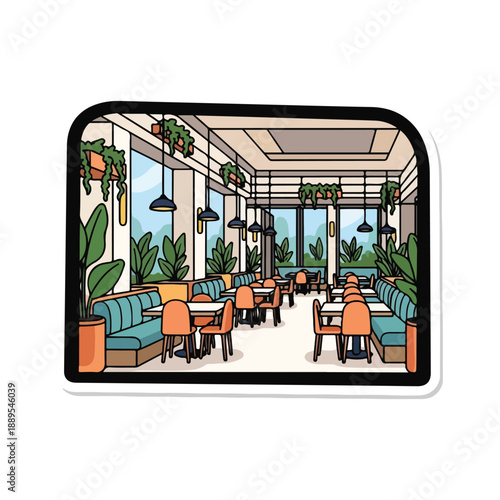 A colorful restaurant interior with plants and seating