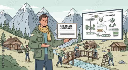 Man presenting information in a mountainous outdoor setting.