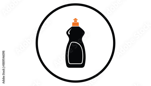 Dish soap bottle in simple flat design with orange cap in black and white colors on circular background for household cleaning