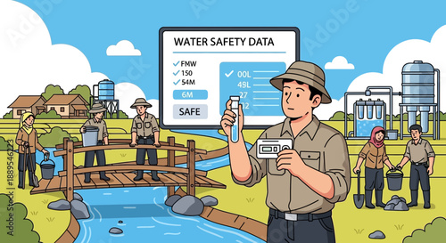 Man testing water quality for safety data analysis.