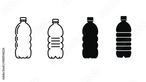 Four different plastic water bottle icons in black and white on a clean background