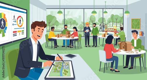 Man working on a digital tablet in a modern office setting.