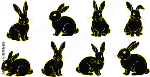 Set of black rabbit silhouettes in different sitting poses with yellow outline, cute animal icons, decorative vector illustration