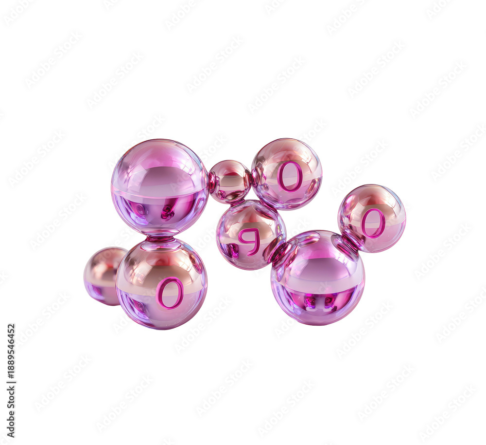 Fototapeta premium Glossy, pink-hued spheres clustered, reflecting light against a black backdrop, numbers visible