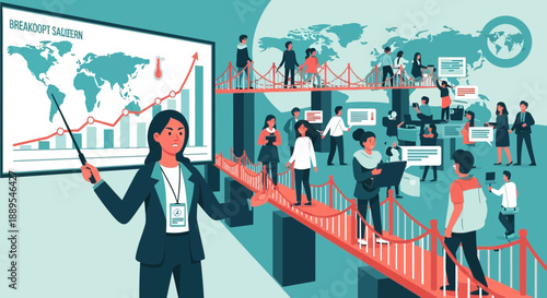 Professional woman presenting global business growth and networking.