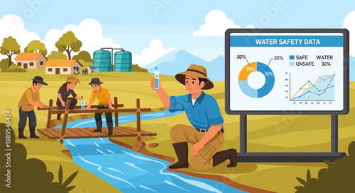 Scientist testing water quality in a river for safety data analysis.