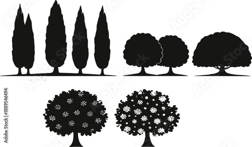 Set of black tree silhouettes including cypress and round canopy forms, minimal nature landscape vector illustration