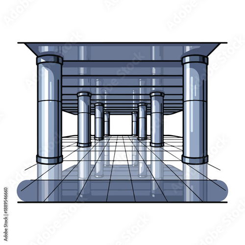 A futuristic corridor with shiny pillars and floor