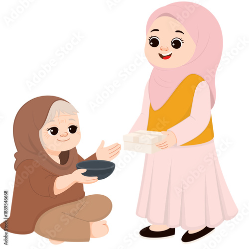 Muslim Woman Giving Charity to Elderly Person