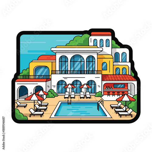 A colorful illustration of a Mediterranean-style resort with a pool
