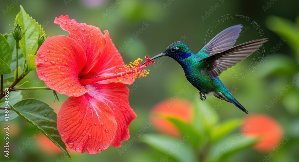 Obraz premium Vibrantly colored bird hovers while feeding from a large red blossom adorned with water droplets