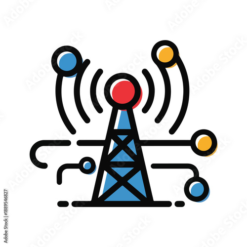 A communication tower with signal waves and connected nodes