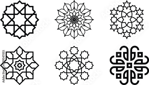 Arabic oriental floral icon set featuring traditional arabesque vectors, ornaments, and patterns. Abstract floral symbol and logo designed in an ornamental Islamic style, ideal for wedding invitation.