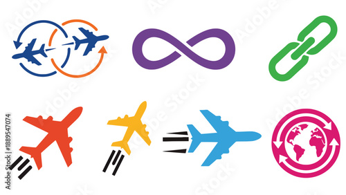 Collection of colorful airplane and abstract icons representing travel and connection