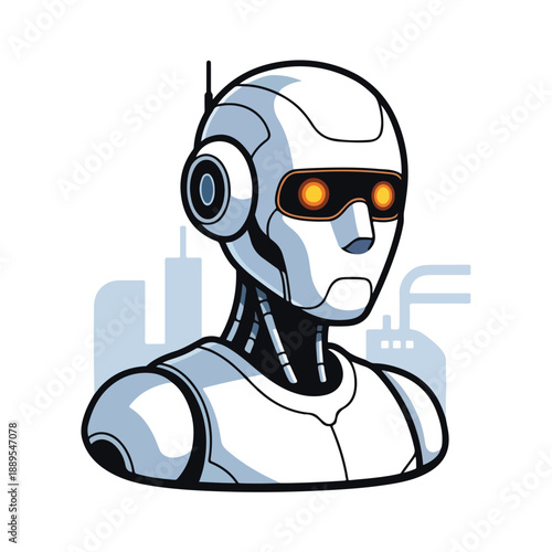 A futuristic robot with glowing orange eyes