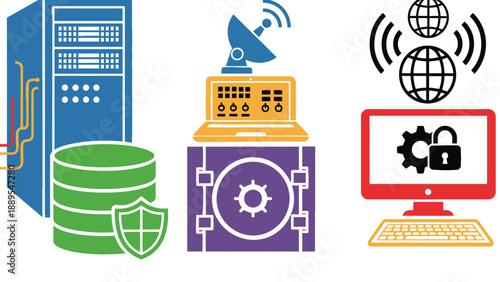 A graphic illustration of various computer and internet security icons and devices.